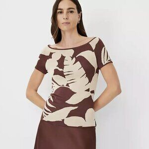 NWT Ann Taylor Boat Neck Brown Floral Short Sleeve Jacquard Sweater Size XS